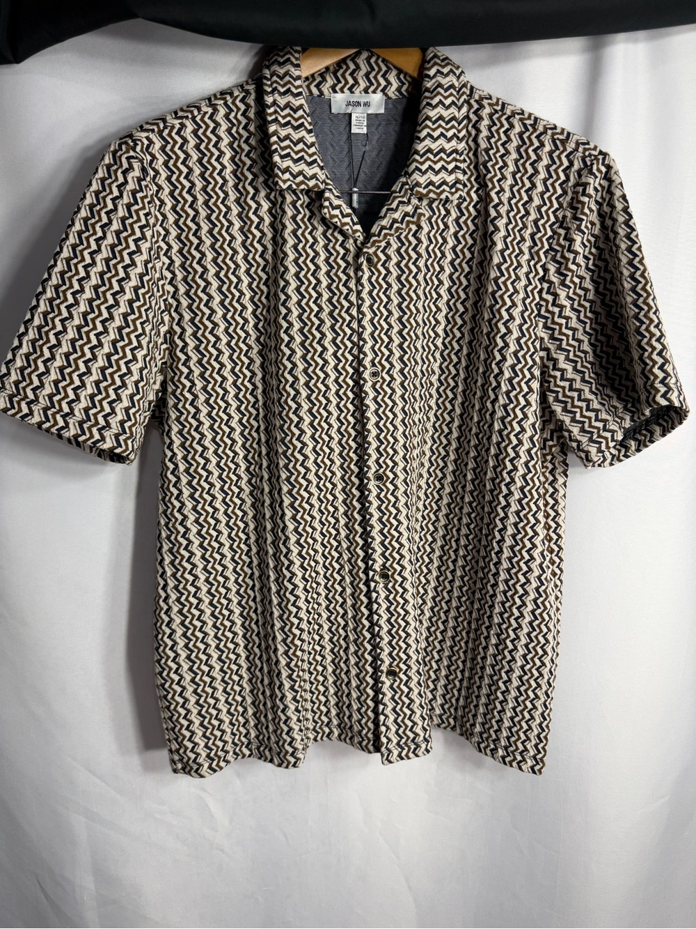 Jason Wu Short-Sleeve Zigzag Button-Down in Beige & Black size XL new W tags